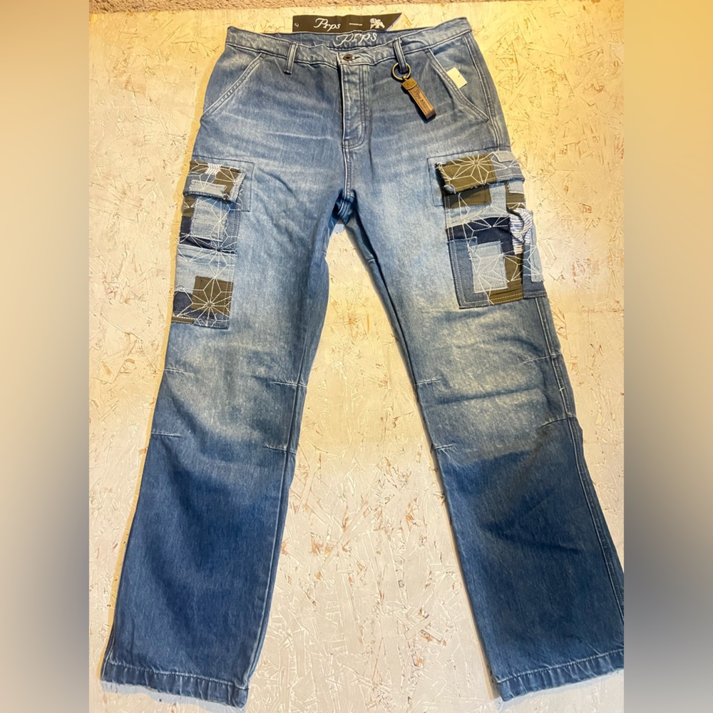 PRPS Men's Blue Slim Straight Jeans with Patchwork Cargo Pockets